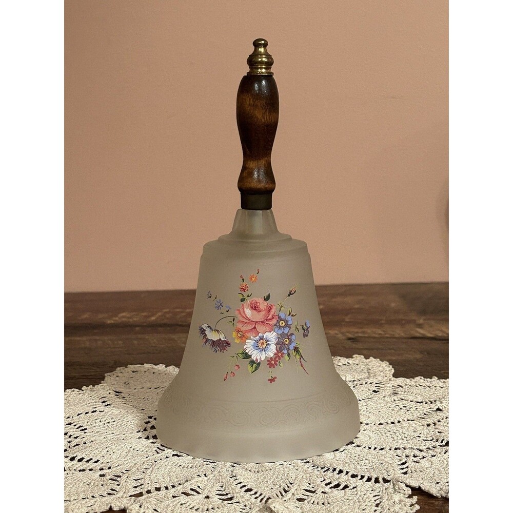 Vintage Frosted Satin Glass Bell Wood Handle Multicolor Floral ￼ Cottagecore